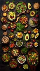 Assortment of healthy food dishes. Vertical orientation. Generative ai
