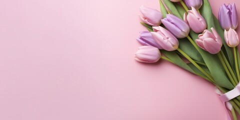 Beautiful bouquet of colorful tulip flowers on pink background with copy space. Generative ai