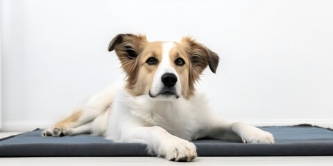 Cute mixed breed dog lying on cool mat looking up on white background with copy space. Generative ai
