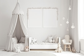 Fototapeta na wymiar Mockup of vertical picture frame on wall of a child's room in light pastel grey colors. Minimal cozy interior of children room in Scandinavian style. Generative AI 3d render imitation.
