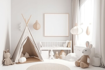Fototapeta na wymiar Mockup of square picture frame on wall of a child's room in light pastel colors. Minimal cozy interior of children room in Scandinavian style. Generative AI 3d render imitation.
