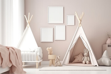 Mockup of several vertical picture frame on wall of a child's room in light pastel colors. Minimal cozy interior of children room in Scandinavian style. Generative AI 3d render imitation.