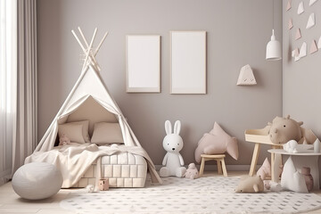 Fototapeta na wymiar Mockup of two vertical picture frame on wall of a child's room in light pastel colors. Minimal interior of children room in Scandinavian style. Generative AI 3d render imitation.