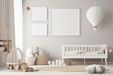 Mockup of vertical picture frame on wall of a child's room in light pastel colors. Minimal interior of children room in Scandinavian style. Generative AI 3d render imitation.
