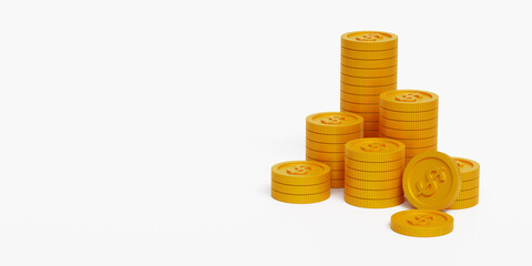 Stack of golden coins. golden currency symbol with copy space isolated on white background. 3D illustration