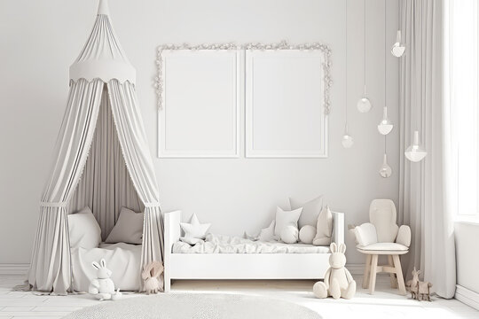 Mockup of vertical picture frame on wall of a child's room in light pastel grey colors. Minimal cozy interior of children room in Scandinavian style. Generative AI 3d render imitation.