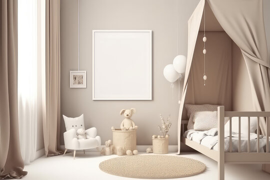 Mockup of vertical picture frame on wall of a child's room in light pastel beige colors. Minimal cozy interior of children room in Scandinavian style. Generative AI 3d render imitation.