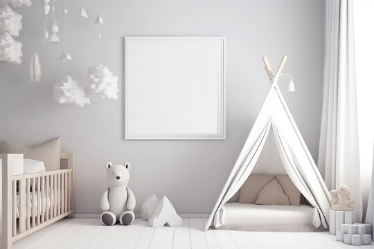 Mockup of square white vertical picture frame on wall of a child's room in light pastel colors. Minimal pretty interior of children room in Scandinavian style. Generative AI 3d render imitation.