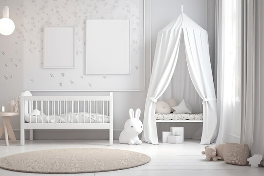 Mockup of vertical picture frame on wall of a child's room in light pastel white colors. Minimal pretty interior of children room in Scandinavian style. Generative AI 3d render imitation.
