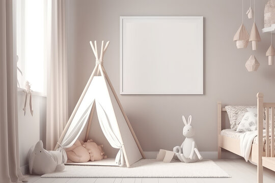 Mockup of vertical picture frame on wall of a child's room in light pastel colors. Minimal pretty interior of children room in Scandinavian style. Generative AI 3d render imitation.