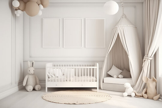 Mockup of white vertical picture frame on wall of a child's room in light pastel colors. Minimal interior of children room in Scandinavian style. Generative AI 3d render imitation.