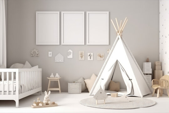 Mockup of three vertical picture frame on wall of a child's room in light pastel colors. Minimal interior of children room in Scandinavian style. Generative AI 3d render imitation.