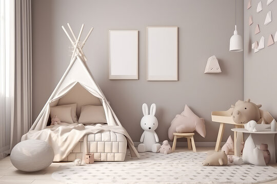 Mockup of two vertical picture frame on wall of a child's room in light pastel colors. Minimal interior of children room in Scandinavian style. Generative AI 3d render imitation.