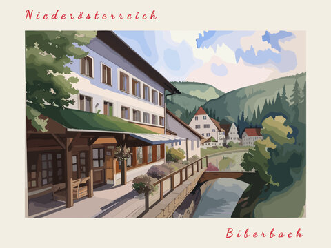 Biberbach: Postcard design with a scene in Austria and the city name Biberbach