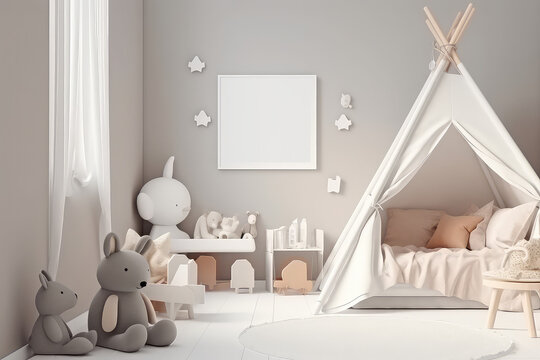 Mockup of one vertical picture frame on wall of a child's room in light pastel colors. Minimal interior of children room in Scandinavian style. Generative AI 3d render imitation.