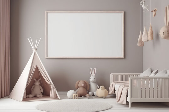 Mockup of horizontal picture frame on wall of a child's room in light pastel colors. Minimal interior of children room in Scandinavian style. Generative AI 3d render imitation.