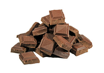 Pile of dark chocolate chunks isolated on transparent background, PNG file