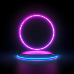 professional black background with neon light in circle, blue, orange, red, pink 