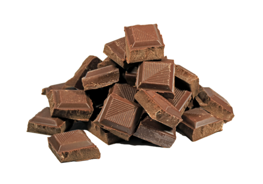 Pile of dark chocolate chunks isolated on transparent background, PNG file