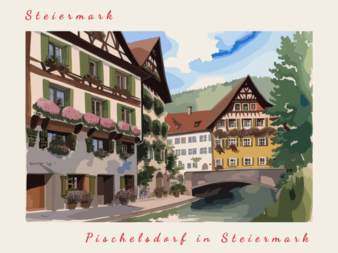 Pischelsdorf in Steiermark: Postcard design with a scene in Austria and the city name Pischelsdorf in Steiermark