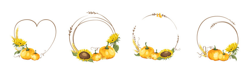 Illustrations for Thanksgiving Day or wedding invitation. Set of vector design elements, frames with pumpkins, sunflowers and ears.