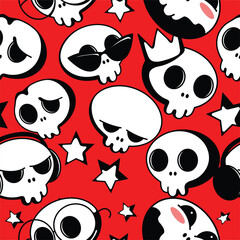 Vector pattern with cute skulls. Emotional skulls on a bright red background. Seamless scalable background for prints or websites.  