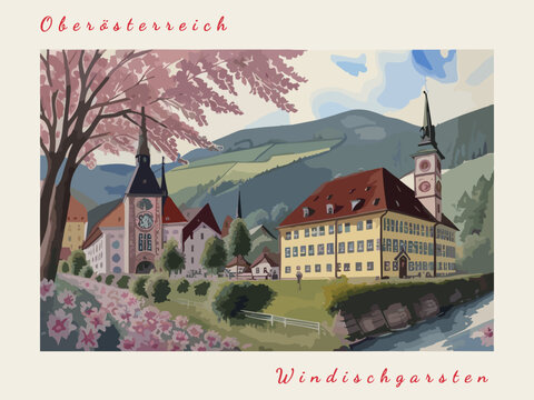 Windischgarsten: Postcard design with a scene in Austria and the city name Windischgarsten