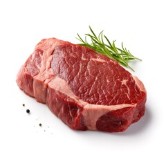Raw beef steak with rosemary and pepper on white background. Generative AI	