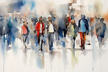 Watercolor illustration: panorama of a city street with people walking, Crowd of people. Meeting on the street. Generative ai.