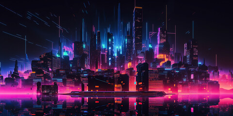 Obraz na płótnie Canvas ai generated Illustration night city landscape concept. neon Light glowing on dark scene