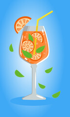 Summer citrus orange cocktail. Bright refreshing drink for parties. Glass goblet and slices of orange and mint leaves. Turquoise background