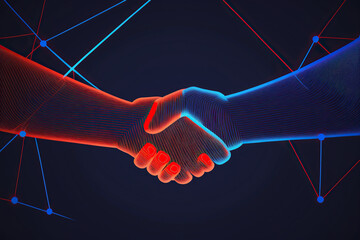 ai generated  Illustration two wire-frame glowing hands, handshake, technology, business, trust concep