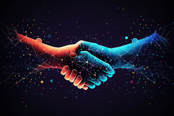ai generated  Illustration two wire-frame glowing hands, handshake, technology, business, trust concep