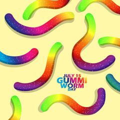 Colorful Chewy candies shaped like worms and bold text on light brown background to celebrate National Gummi Worm Day on July 15