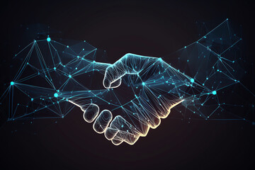 ai generated  Illustration two wire-frame glowing hands, handshake, technology, business, trust concep - obrazy, fototapety, plakaty