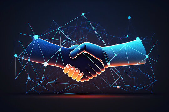 ai generated  Illustration two wire-frame glowing hands, handshake, technology, business, trust concep