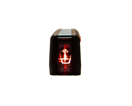Bright cross beam red laser lines from laser level device precisely level and plumb, wide array of level and alignment applications isolated on white background