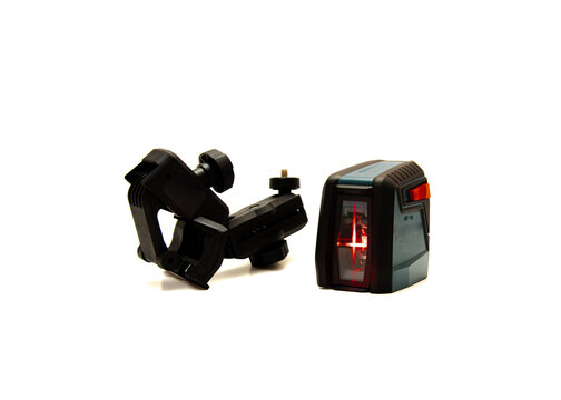 Flexible mounting device clamps and laser level device with bright cross beam red laser lines isolated on white background