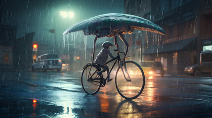 Weird alien creature riding a bicycle in a deserted city where it rains late at night - obrazy, fototapety, plakaty