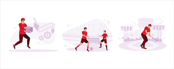 The package delivery person carries a cardboard box. Two football players were playing sportsmanship. Professional baseball players are ready to hit big shots. Trend modern vector flat illustration.