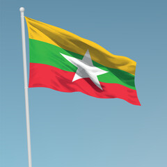 Waving flag of Myanmar on flagpole. Template for independence day
