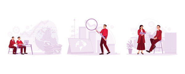 Two workers are looking at the investment chart. Sales data analysis. The boss and employee are talking about the business projects. Trend modern vector flat illustration.