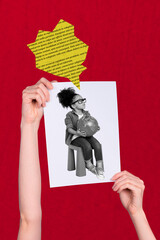 Collage artwork graphics picture of arms holding photo of smart little small girl isolated painting red color background