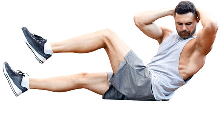 Fototapeta na wymiar Sporty man stretching and warm-up doing special exercises for muscles before work his body out on a transparent background