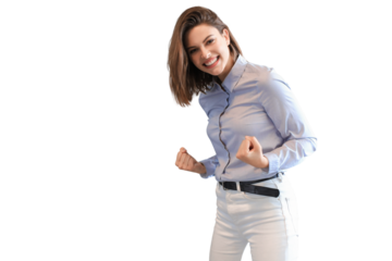 Beautiful businesswoman is keeping arms raised and expressing joyful on a transparent background