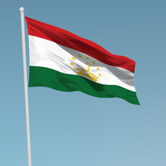 Waving flag of Tajikistan on flagpole. Template for independence day