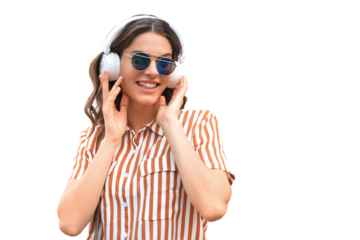 Smiling happy young beautiful woman in earphones on a transparent background