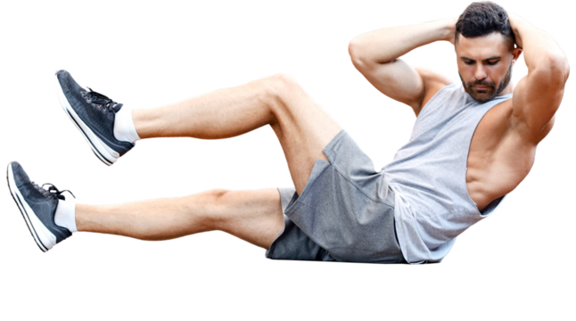 Sporty man stretching and warm-up doing special exercises for muscles before work his body out on a transparent background