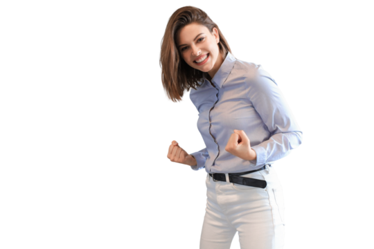 Beautiful businesswoman is keeping arms raised and expressing joyful on a transparent background