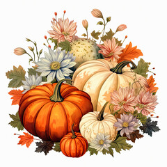 pumpkins surrounded by autumn flowers, vintage illustration,  retro style, ai generative
